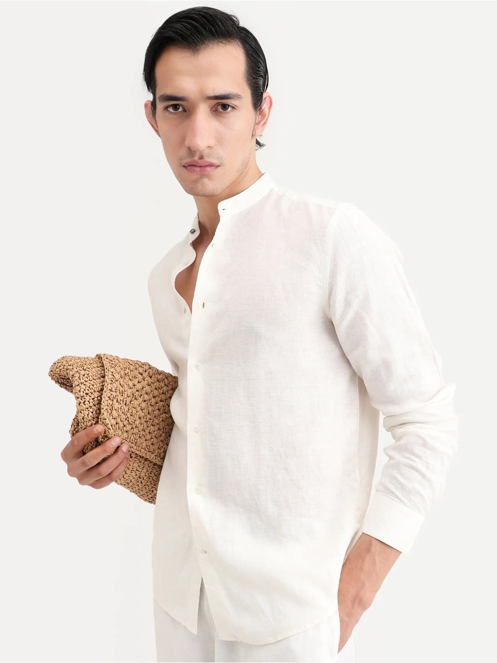 Rare Rabbit Men's Off-White Linen & Lyocell Band Collar Shirt, M